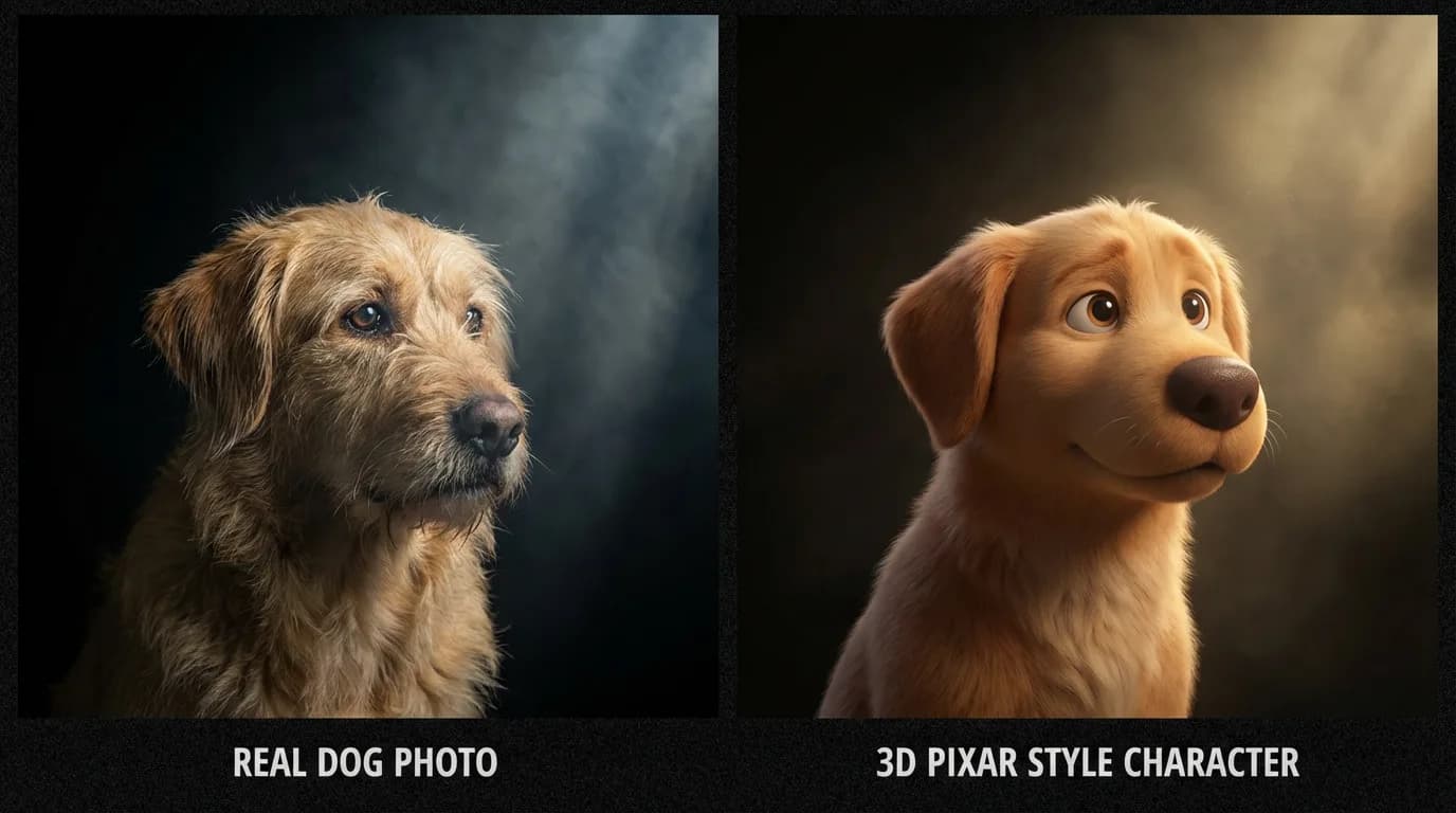 Illustration – Avant / après : photo chien transformée en personnage Pixar Illustration – Avant / après : photo chien transformée en personnage Pixar