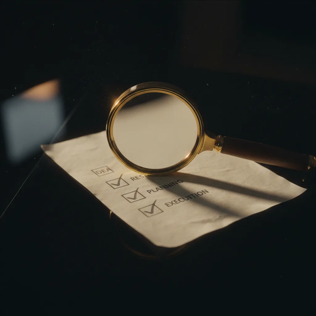 Loupe et checklist sur surface noire, lecture fine avant signature formation IA Loupe et checklist sur surface noire, lecture fine avant signature formation IA