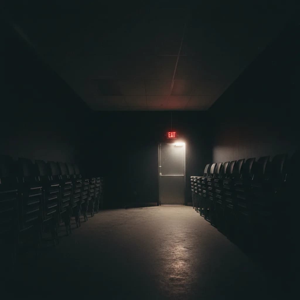 Tables vides de salle de formation éteinte, choix réfléchi plutôt que ruée Tables vides de salle de formation éteinte, choix réfléchi plutôt que ruée