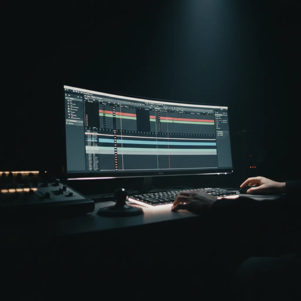 Timeline de montage sur fond sombre, workflow image vers vidéo professionnel Timeline de montage sur fond sombre, workflow image vers vidéo professionnel