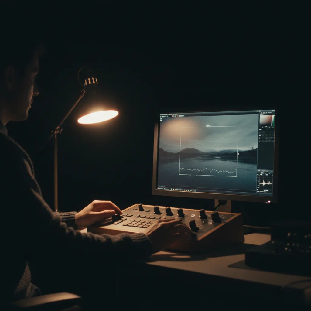 Étalonnage sur écran référence dans pièce sombre, finition pro vidéo IA Étalonnage sur écran référence dans pièce sombre, finition pro vidéo IA