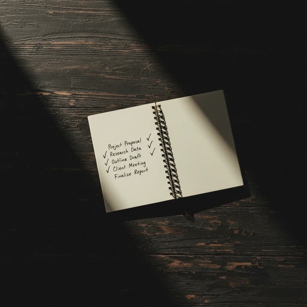 Carnet de tâches coché à la main, fin de journée productive Carnet de tâches coché à la main, fin de journée productive