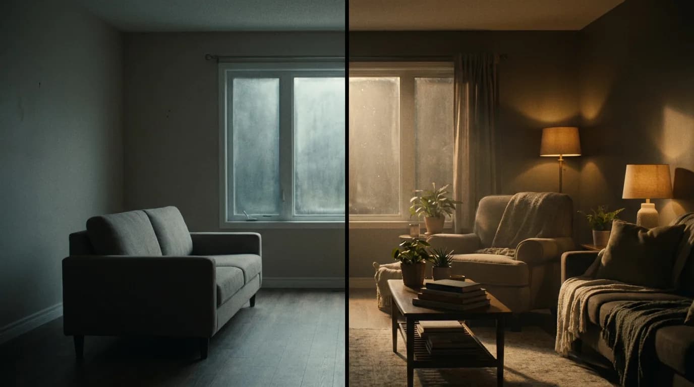 Illustration – Avant / après virtuel d’un salon Illustration – Avant / après virtuel d’un salon