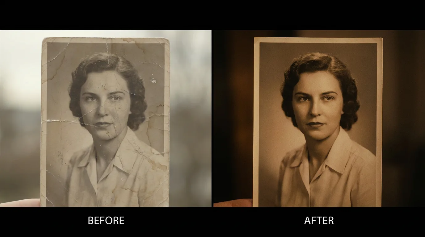 Illustration – Avant / après restauration d’une vieille photo Illustration – Avant / après restauration d’une vieille photo